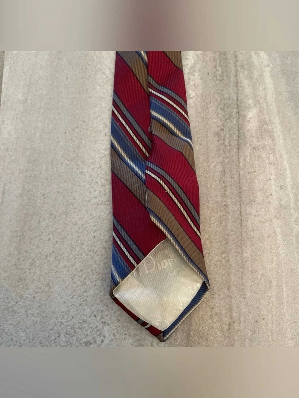 VTG Christian Dior Men’s Necktie Red White Blue Gray Stripe Logo Wording